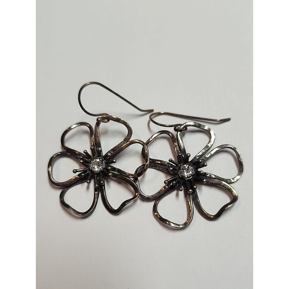 Vintage Signed Sterling Israel Hammered Dogwood Flower with CZ Dangle Earrings